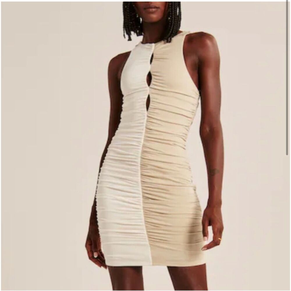 Abercrombie and Fitch Keyhole Ruched Mini Dress Colorblock Beige and Cream NWT